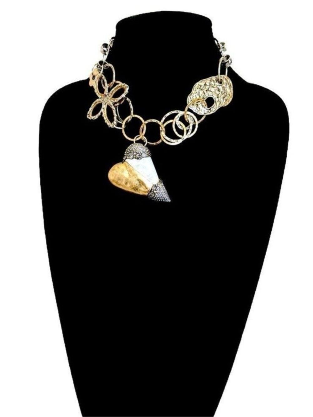 ZARA Mixed Metal Marbleized Heart Pendant Statement Collar Necklace NEW